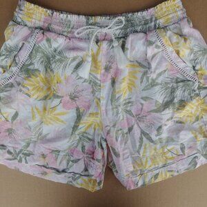 Linen blend tropical floral white pink yellow shorts Large